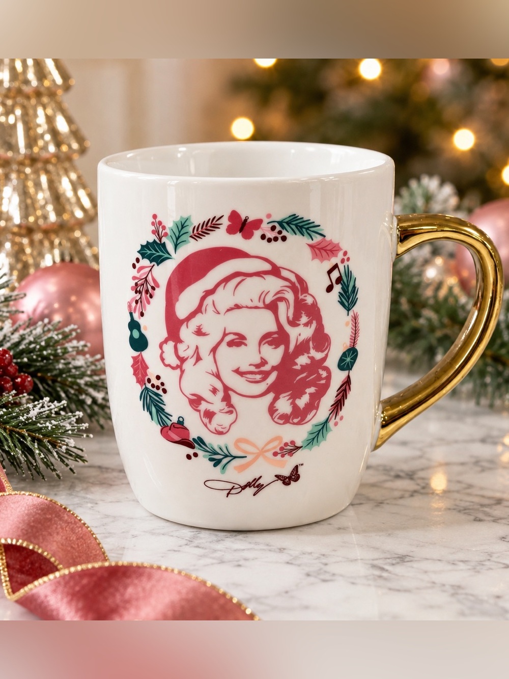 Dolly Parton Christmas Mug Have a Holly Dolly Christmas Gold Handle Holiday Cup